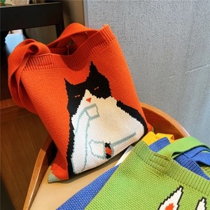 Cute Cartoon Animal Knitted Tote Bag Casual Woven Handbag Soft Jacquard Shoulder Bag For Women