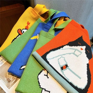 Chic knitted tote bags with cute cartoon animal patterns in vibrant multi-color options