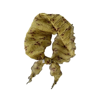 Pleated yellow floral chiffon scarf with elegant crinkle texture for women