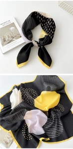 Artistic square scarf with abstract geometric dot patterns and bright yellow edges