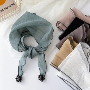 Women Solid Color Triangle Scarf Cotton Linen Lightweight Bandana With Pom Pom Tassels And Contrast Edge Korean Style