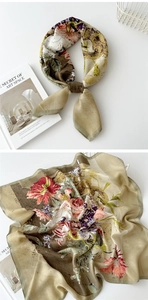 Detail of floral cotton linen square scarf with vintage oil painting style flower pattern