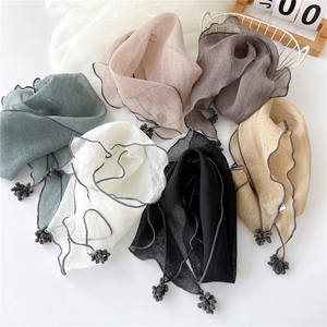 Lightweight cotton linen triangle scarf set with tassels in various pastel colors