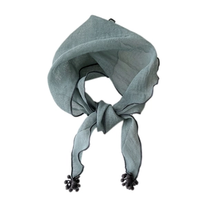 Morandi grey-green cotton linen triangle scarf with grey hem and small ball tassels
