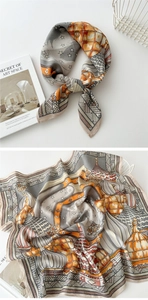 Detail of silk-feel cotton linen square scarf with geometric star print and rolled edges