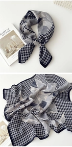 Detail of cotton-linen square scarf with houndstooth and grey floral patterns