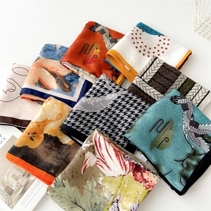 Women Square Scarf Fashion Printed Artistic Neck Tie Elegant Cotton Linen Blend Satin Feel Accessory