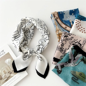 Elegant square cotton-linen silk scarf with artistic floral and geometric print patterns