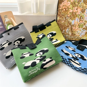 Knitted panda tote bags in green, yellow and blue colors with checkerboard detail