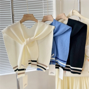 Striped knit shawl wrap and faux collar in cream, blue, and black with bow tie design