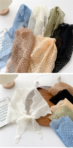 Detailed view of hollow floral lace scarf showing intricate circular patterns and wavy edges