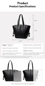 Detailed size comparison of black leather tote bag with dimensions and internal pocket guide