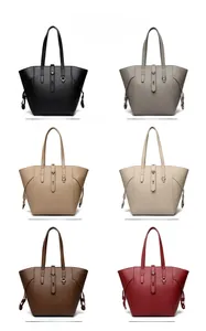 Collage of leather tote bags in six colors with metal turn-lock and drawstring detail