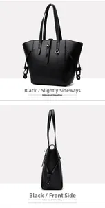 Detail of black pebbled leather tote with drawstring sides and metal ring buckle accent