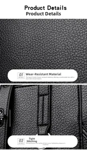 Close-up of black lychee-grain leather texture with reinforced stitching and metal hardware