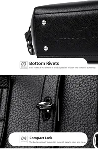 Detail of metal bottom studs and twist lock on black leather tote bag