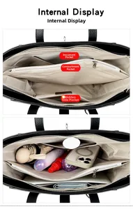 Internal display of the black leather tote bag with functional pockets and zippers