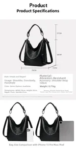 Detailed size chart for black embossed crocodile leather bucket bag with dimensions