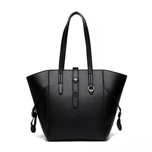 Classic black vintage tote bag with lychee grain leather texture and metallic lock detail