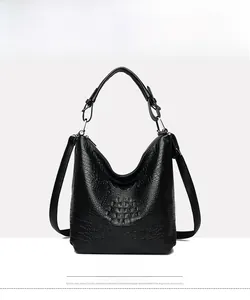 Front view of a black crocodile pattern hobo bag with top handle and adjustable strap