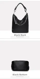 Detail of black crocodile texture bucket bag showing the back pocket and sturdy bottom base