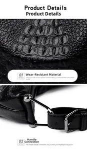 Detail of durable crocodile embossed black leather bucket bag with silver metal hardware
