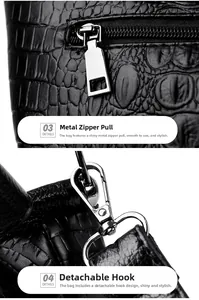 Close-up of black crocodile embossed leather with silver metal zipper and detachable hook