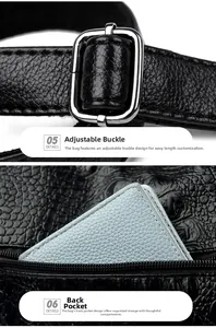 Detail of crocodile embossed leather texture with rear zipper pocket and metal buckle