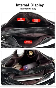 Internal view of crocodile embossed bucket bag with double compartments and pockets