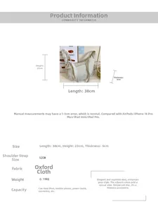 Detailed size specifications for beige Oxford cloth crossbody bag showing 38x23x5cm dimensions