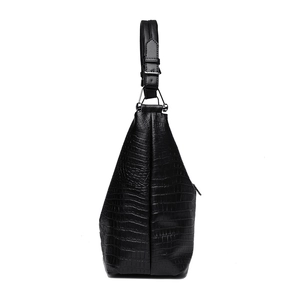 Black crocodile embossed leather bucket bag with large capacity and shoulder strap