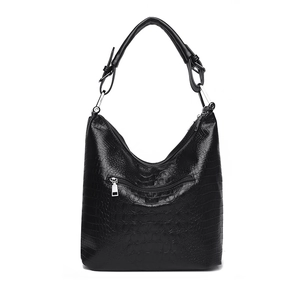 Black crocodile embossed hobo shoulder bag with silver hardware and adjustable strap