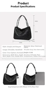 Dimensions détaillées du sac à bandoulière tissé noir avec mesures et structure interne