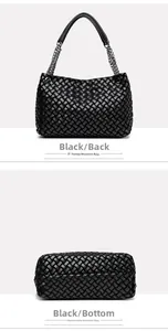 Vues arrière et dessous du sac cabas en cuir tressé noir avec chaîne