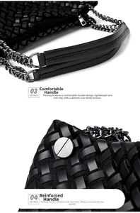 Détail de la texture en cuir tressé noir avec chaîne métallique et rivets renforcés