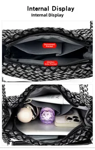 Vue détaillée de l'intérieur du sac tissé noir avec poches zippées et espace de rangement