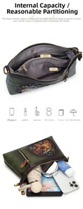 Deep green leather crossbody bag interior showing spacious compartments and daily items