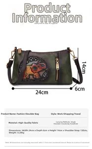 Detail view of vintage green shoulder bag with elephant embossing and size dimensions