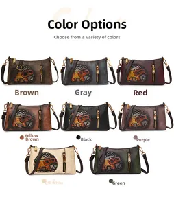 Detailed grid view of eight vintage crossbody bags with colorful elephant relief