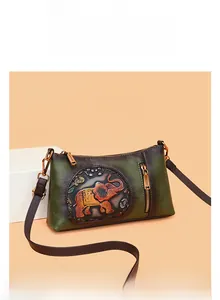 Detailed close-up of dark green leather handbag featuring an embossed elephant pattern