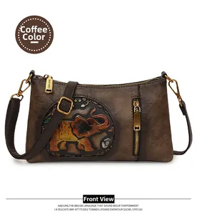 Detailed relief of an elephant on dark brown faux leather crossbody bag with metal zipper