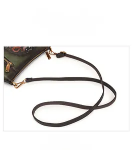 Detail of the vintage dark green dragon-embossed leather texture and bronze hardware