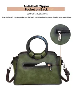 Retro olive green tote with wooden circular handle and back anti-theft zipper pocket