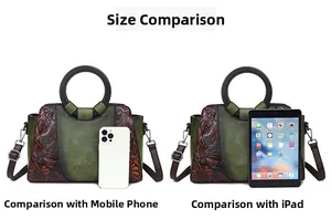 Size comparison of a vintage green floral handbag next to a smartphone and tablet