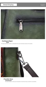 Close-up of the green textured leather handbag showing golden hardware and brand zipper
