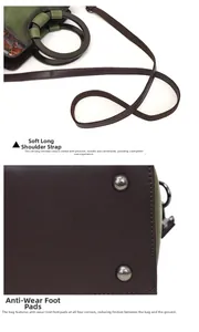 Detail view of the soft long shoulder strap and protective metal feet on the vintage handbag