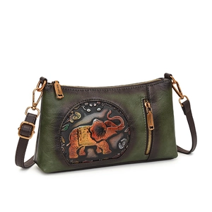 Retro green gradient leather crossbody bag featuring a unique elephant embossed pattern