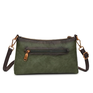 Vintage dark green leather crossbody bag with front zipper and antique bronze hardware