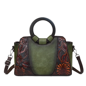 Retro gradient green floral embossed leather handbag with round handles and shoulder strap