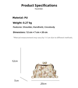 Détail du sac brodé avec fermoir perle et dimensions détaillées du produit